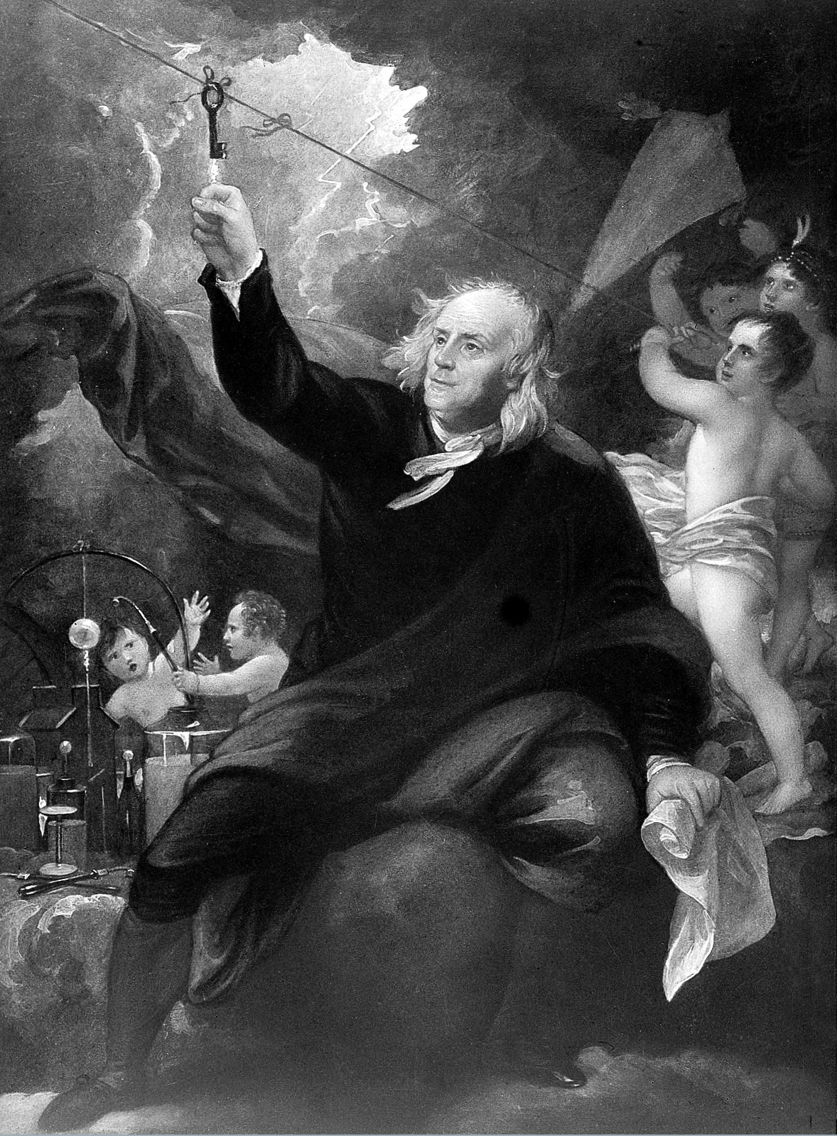A mythical (and mythologizing) depiction of Benjamin Franklin's famous kite experiment.