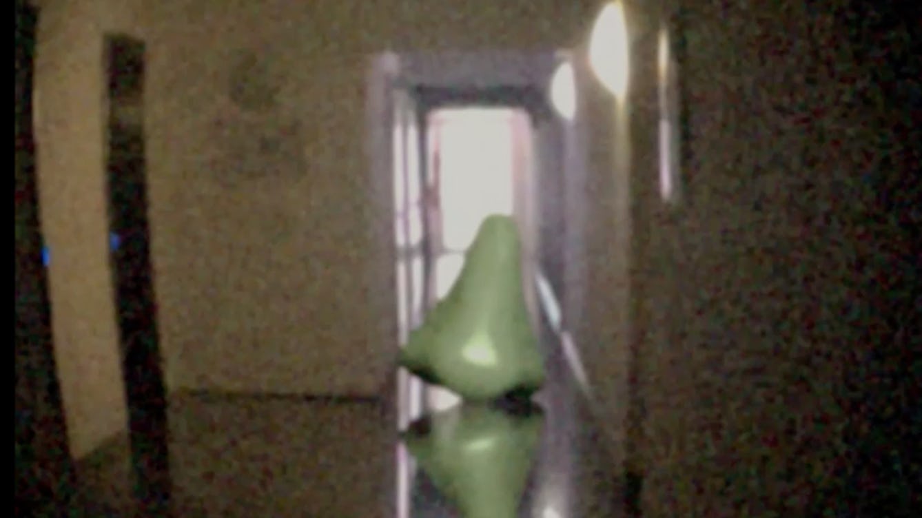 A screenshot from the animated film 'F on eye' in the exhibition '1880 THAT'. The image shows a giant green nost on the floor of an apartment, as if seen through a peephole.