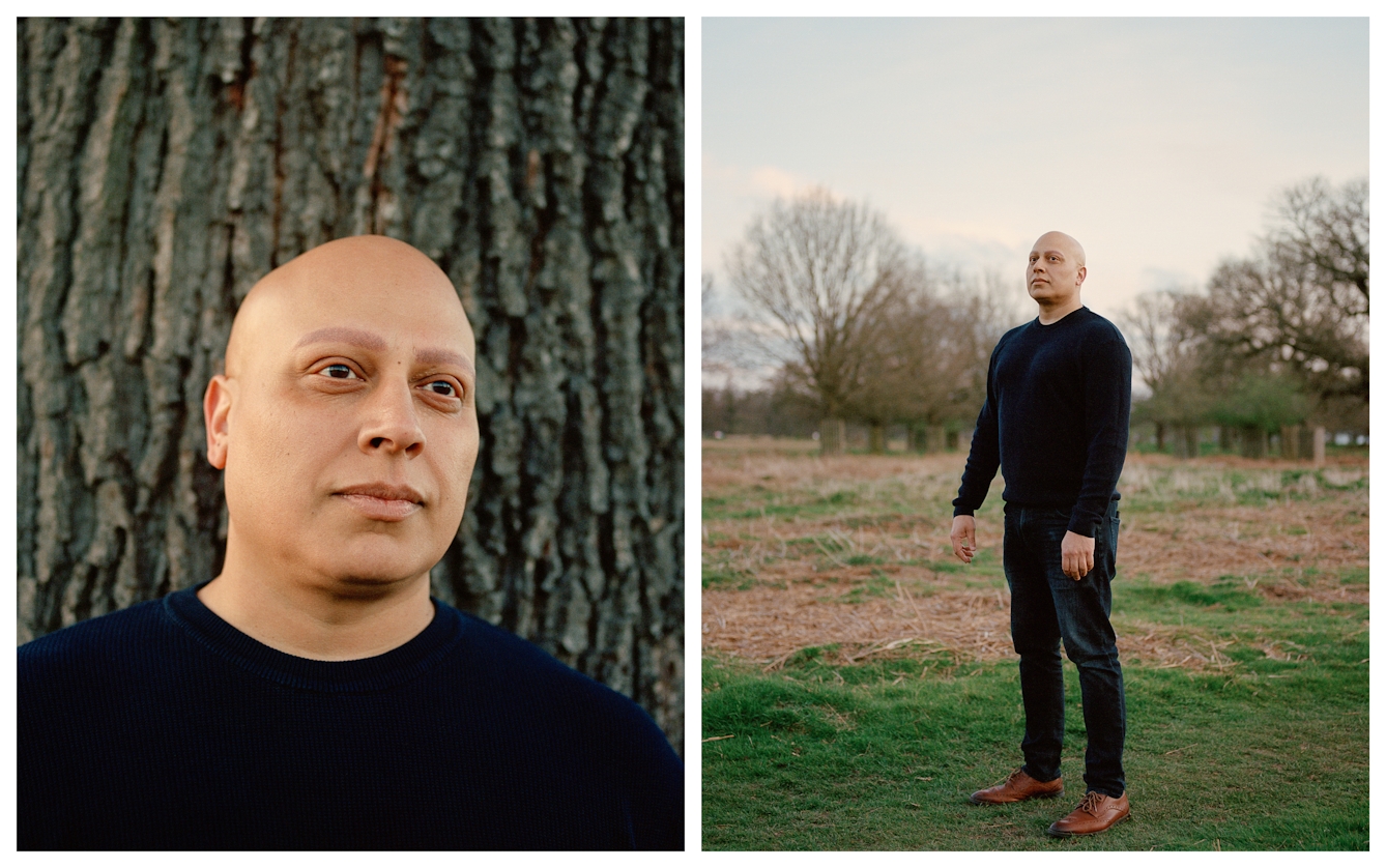 Photographic portrait of a man with alopecia universalis presented as a diptych. The image on the left shows a closeup of the man's head against the textured bark of a tree trunk. The image on the right show the man in full length, stood in parkland. He is gazing off to the left.