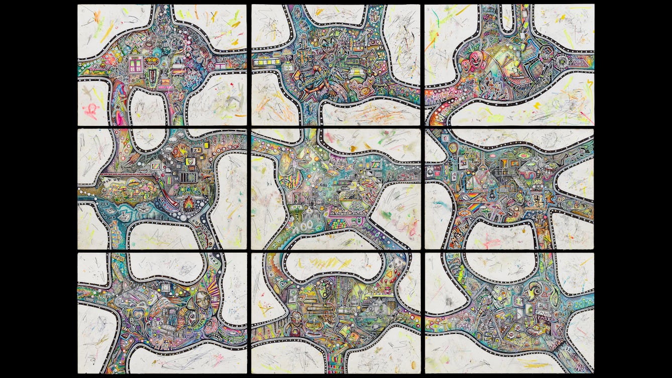 9 artworks set out on a 3 by 3 grid against a black background. Each hand drawn artwork, created with watercolour and ink, presents an intricate world full of characters, words, symbolism and colourful objects. These worlds are connected together by tentacle-like forms which join one artwork to its neighbour.