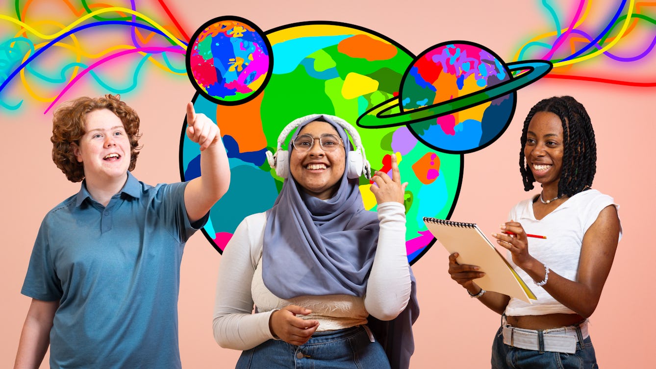 Photographic and digital artwork showing 3 young people against a pink background. Swirling around them are brightly coloured drawings of planets, worlds and glowing lines.