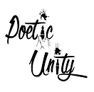 A black and white logo featuring the words 'Poetic Unity' in a looping, handwriting-style font with ink splatters.