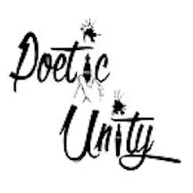 A black and white logo featuring the words 'Poetic Unity' in a looping, handwriting-style font with ink splatters.