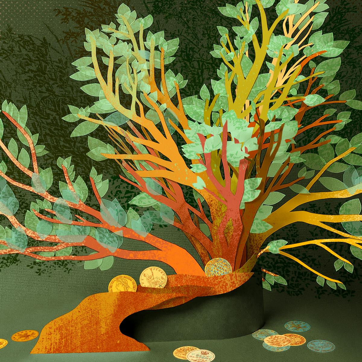 Sculpture of a tree made from paper, set against a textured green background. The paper has been cut and folded so the trunk is low growing and twisted. The trunk and branches are orange, brown and yellow. The tree’s canopy is wide and full of leaves made from pale green tracing paper. There are three golden paper coins stuck in the tree’s trunk and 11 more golden coins beneath the tree. Some of the coins appear green with age.