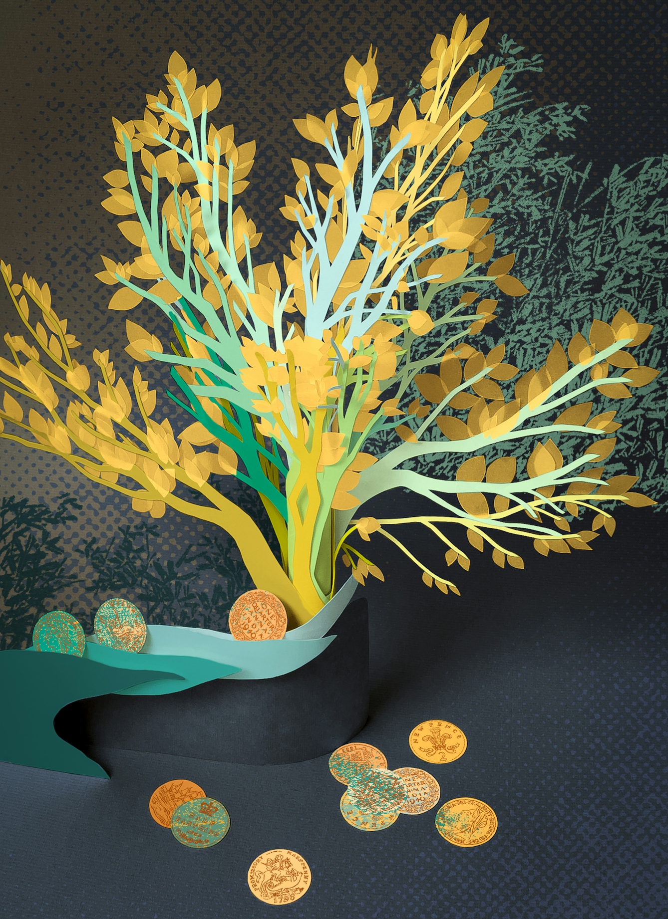 Sculpture of a tree made from paper, set against a textured blue and brown background. The paper has been cut and folded so the trunk is low growing and twisted. The trunk and branches are green and yellow. The tree’s canopy is full of leaves made from pale yellow tracing paper. There are three golden paper coins stuck in the tree’s trunk and 9 more golden coins beneath the tree. Some of the coins appear green with age.