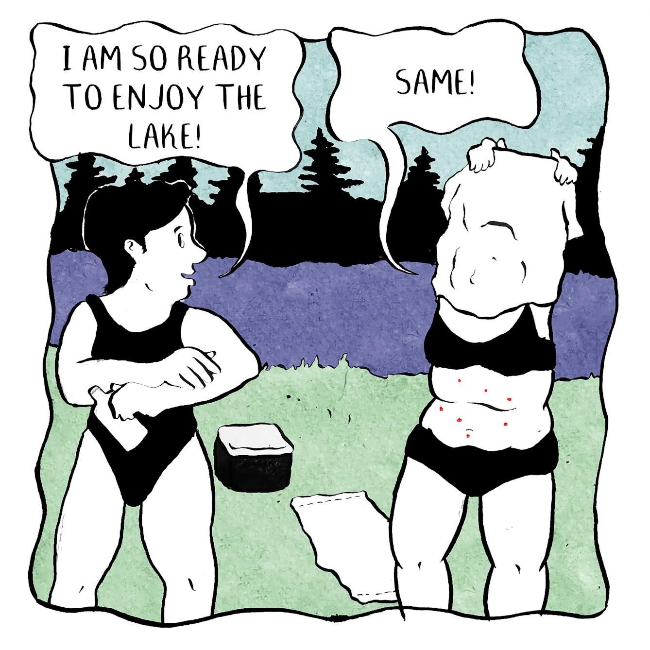 Panel 1 of a 5 panel comic. Two people are standing on the bank of a lake in swimming clothes. One is applying suncream whilst the other removes their top, revealing red picked spots across their stomach. "I am so ready to enjoy the lake!" says the person applying cream. "Same" replies the other.