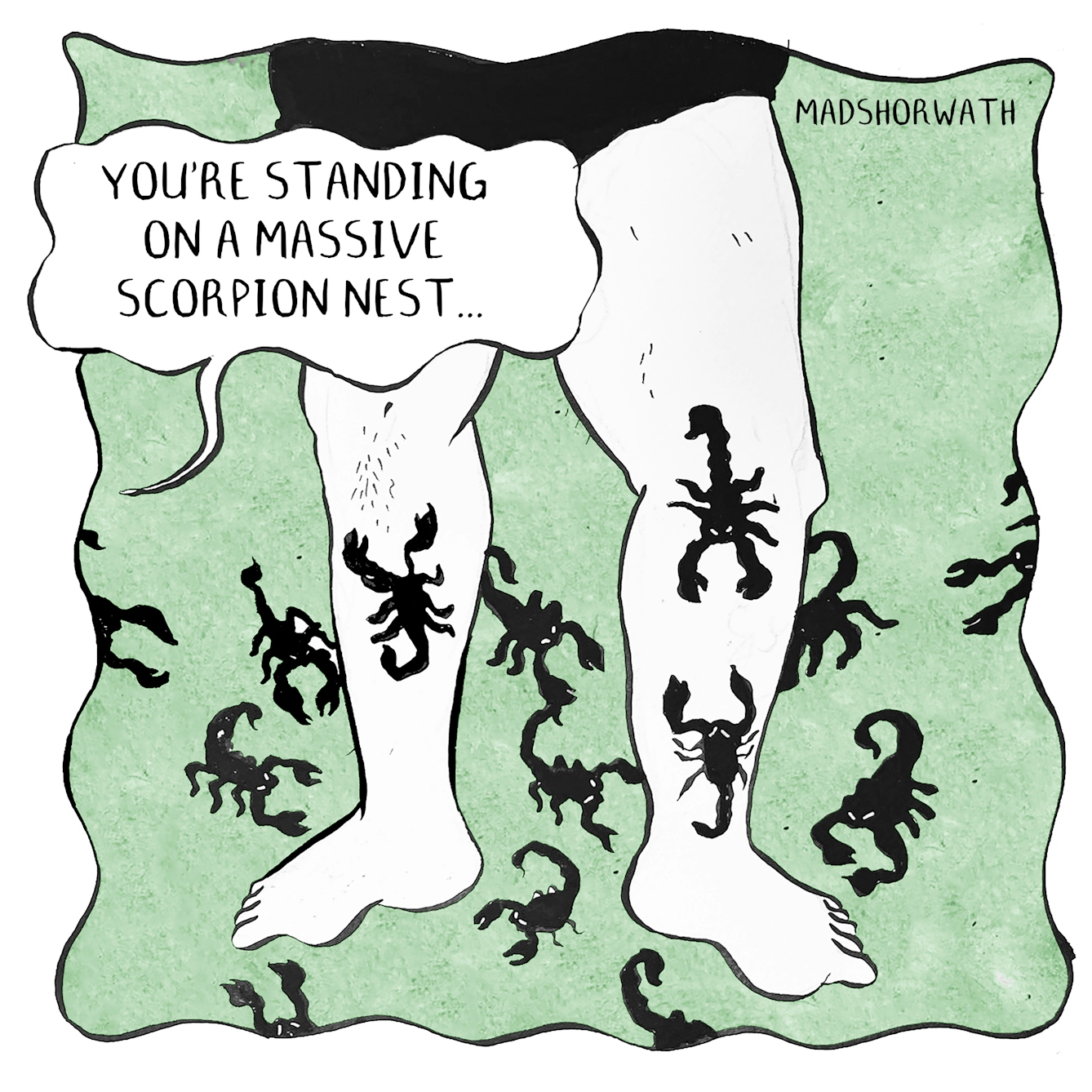 In panel 5 we see the second person's legs covered in scorpions and the voice from out of frame exclaims "you're standing on a massive scorpion nest..."