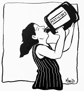 Comic avatar of a person drinking from a large container which has the word 'pesticides' written on the side.
