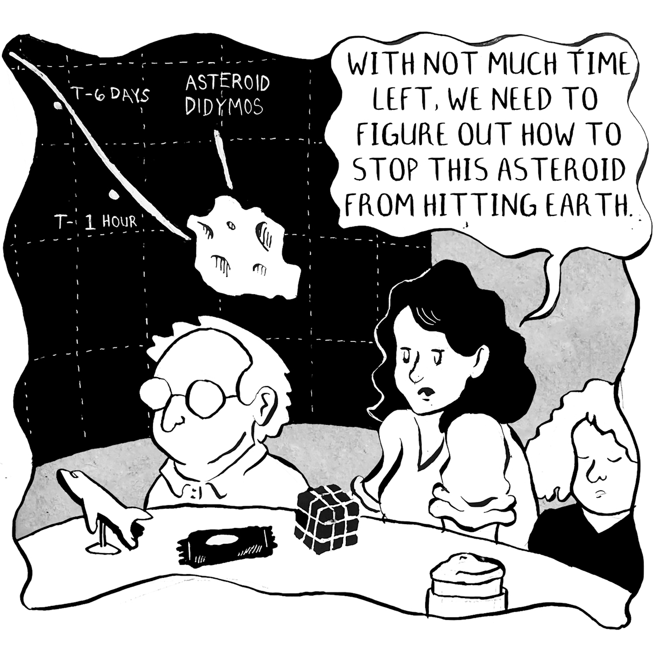 Panel 1 of a 7 panel comic. Three people are gathered around a crisis table on which there is a Rubik's cube and a spaceship model. In the background is a large screen showing the trajectory of an asteroid called Didymos as it heads towards earth. One of the characters with black hair says to others "With not much time left, we need to figure out how to stop this asteroid from hitting earth."