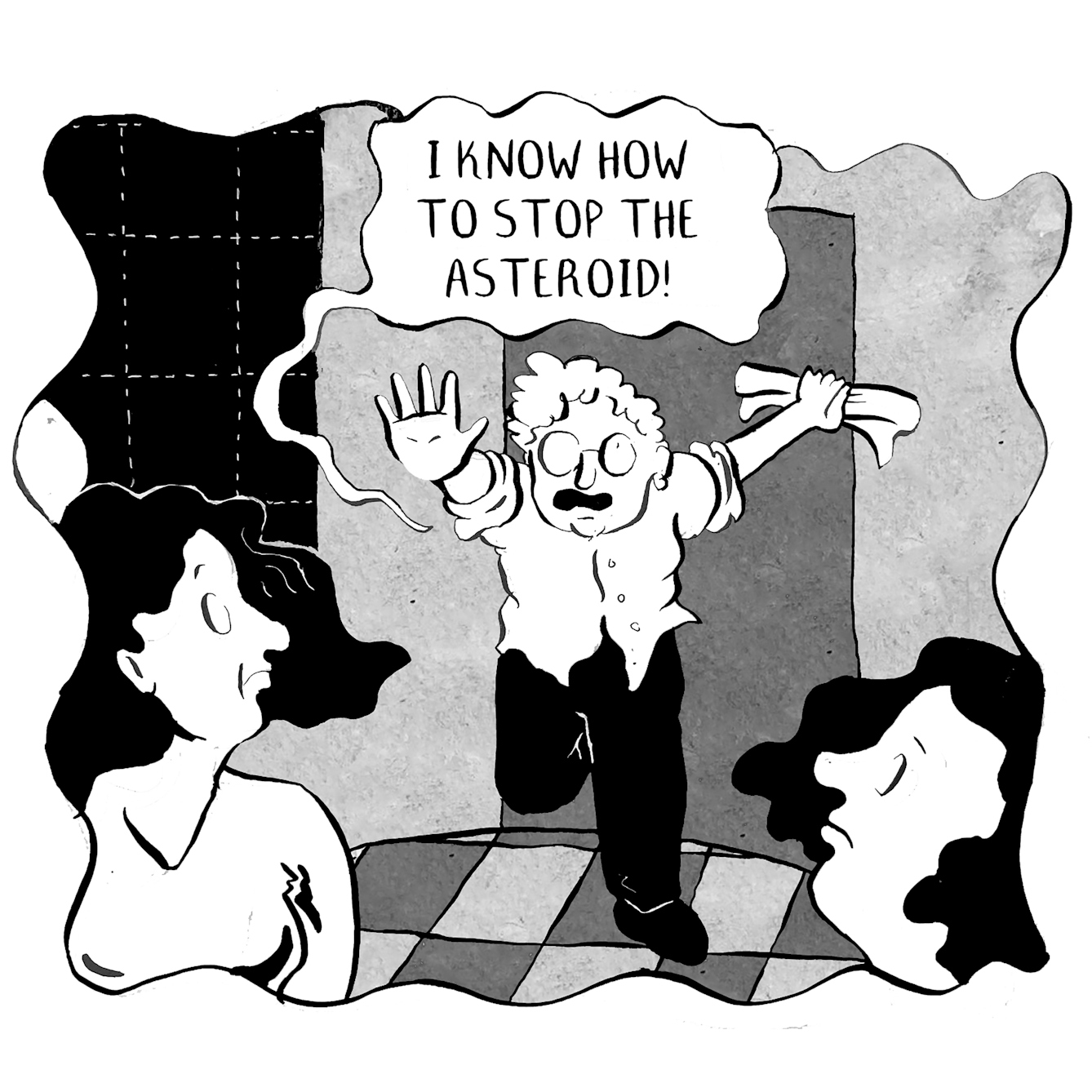 In panel 2 someone races through a door into the room, clutching a rolled up paper, arm outstretched. They cry "I know how to stop the asteroid!"