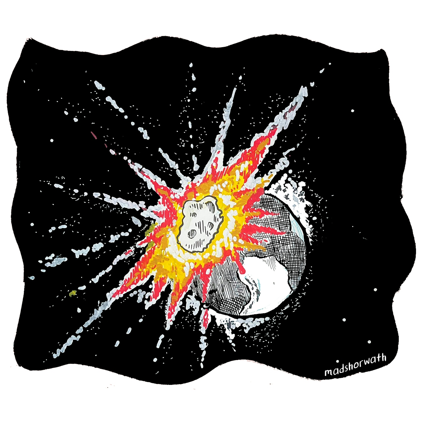 In panel 7 the asteroid impacts with the earth in a great explosion.