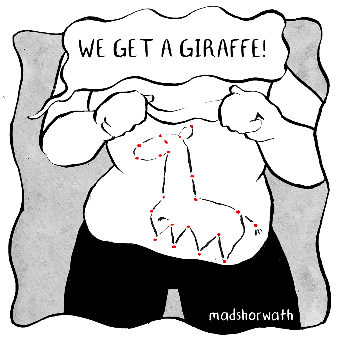 In panel 5 the first person's torso is revealed with the red scars now joined by black lines into an animal outline. From outside the frame the friend's voice comes across saying "we get a giraffe!"