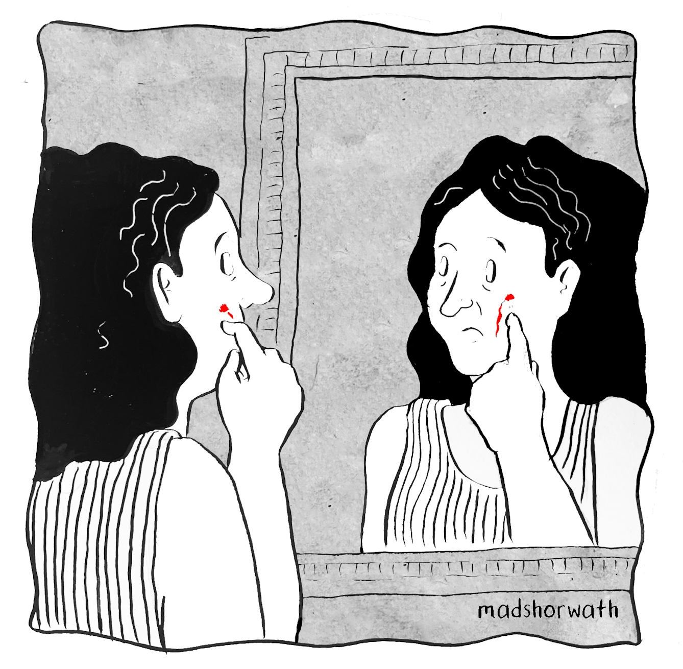 In panel 9 we switch to being outside the body to a person looking in the mirror quietly picking at their cheek creating a red mark and line of dripping blood.