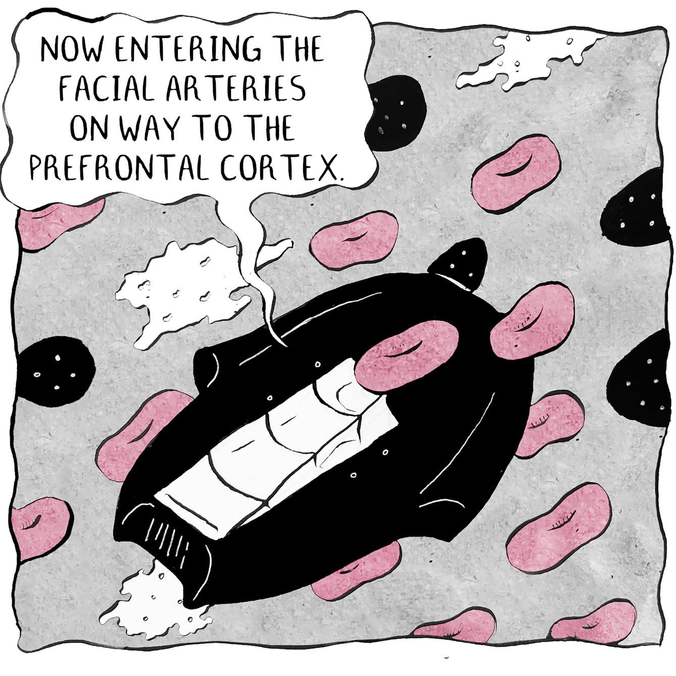 Panel 1 of a 9 panel comic. A tiny spacecraft the size of blood cells races through the arteries of a human body. A voice from inside states "Now entering the facial arteries on way to the prefrontal cortex"