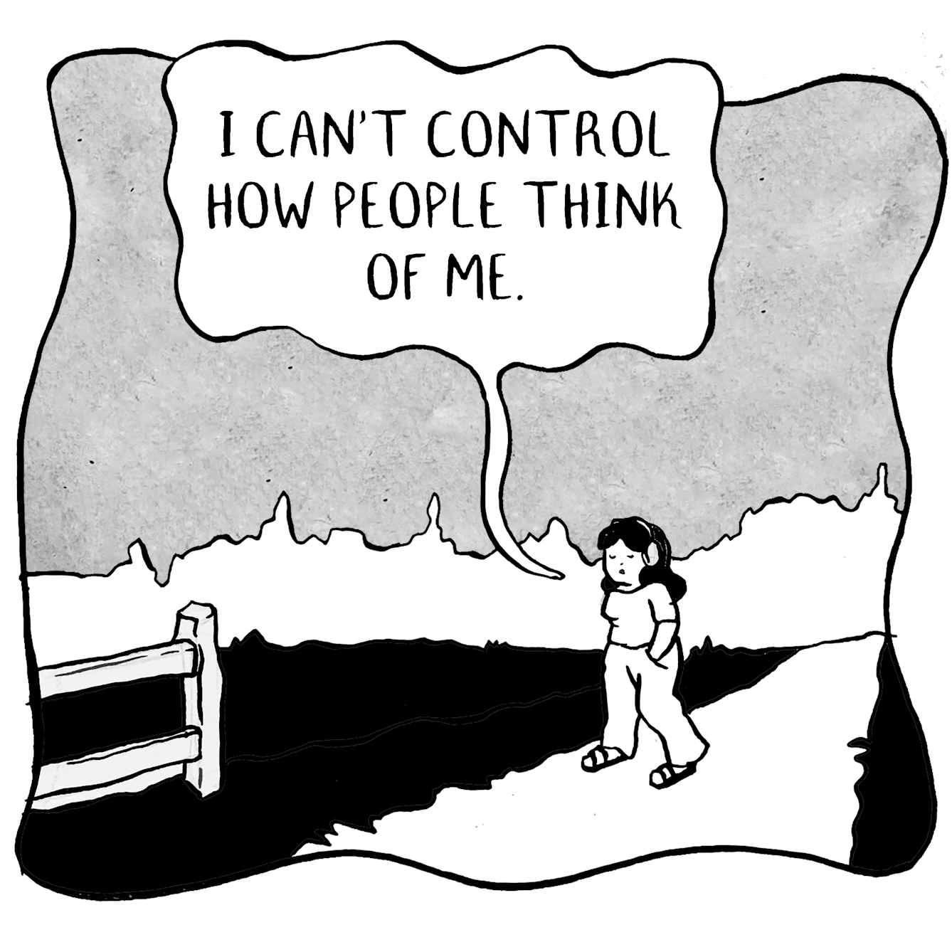 Panel 1 of a 10 panel comic. A solitary figure wearing headphones walks along a footpath in the countryside, hands in their pockets. As they walk along they say "I can't control how people think of me."