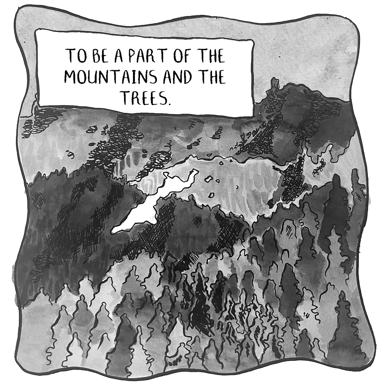 In panel 9 we see the cloud of dust drifting over trees, mountains and hills. With the words "to be part of the mountains and the trees"