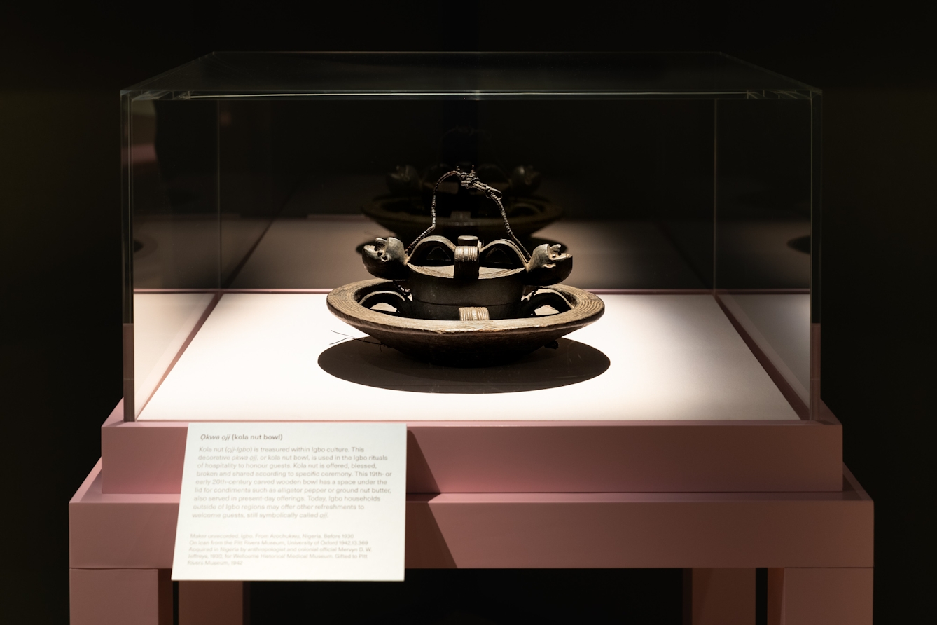 Photograph of a carved wooden bowl in a display case. 