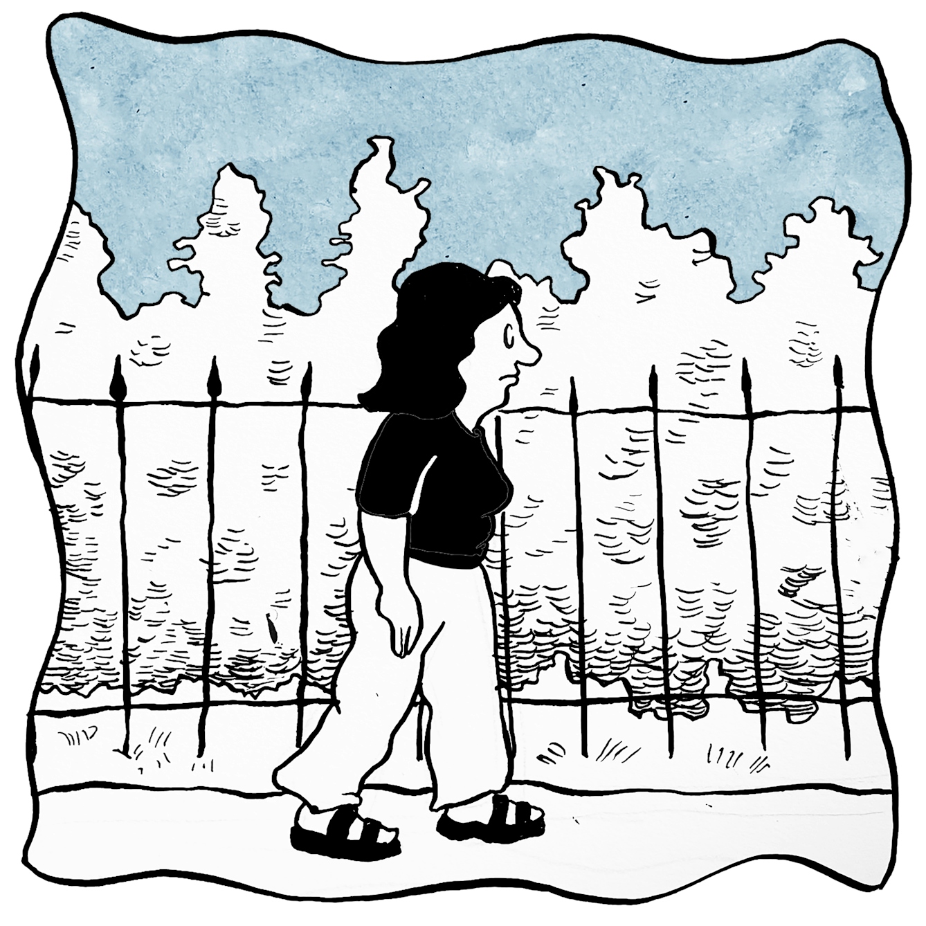 In panel 3 the long haired character walks past railings next to a woodland.