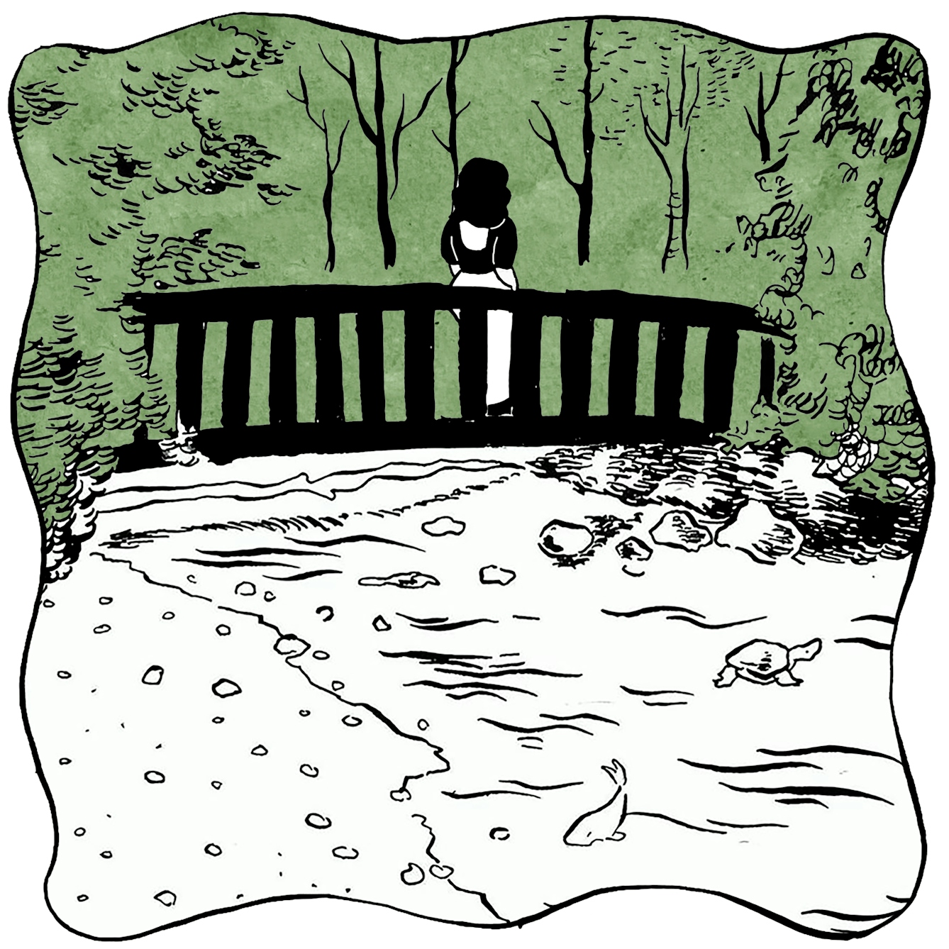 In panel 6 they cross a small forest bridge over a fast flowing stream, home to a fish and a turtle.