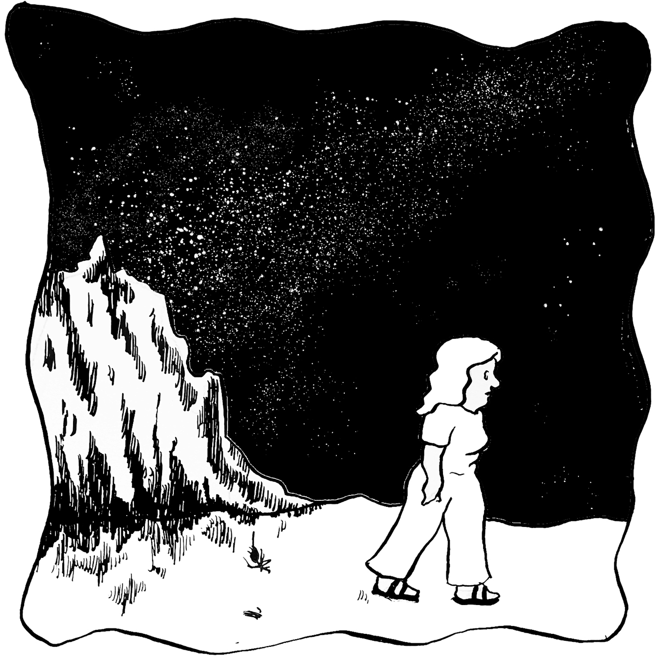 In panel 7 they continue to walk into the night through a starlit mountain landscape.