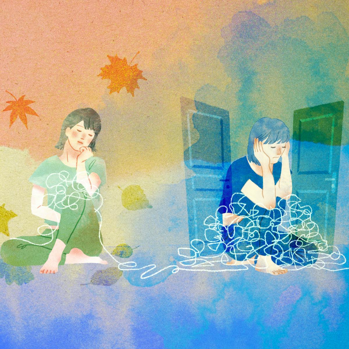 Colourful digital artwork showing a person in three states of being from feeling free and stretching on the left to being confined and shut in on the right. The watercolour hues of the scenes blend from warm tone to cold as the states of being change.