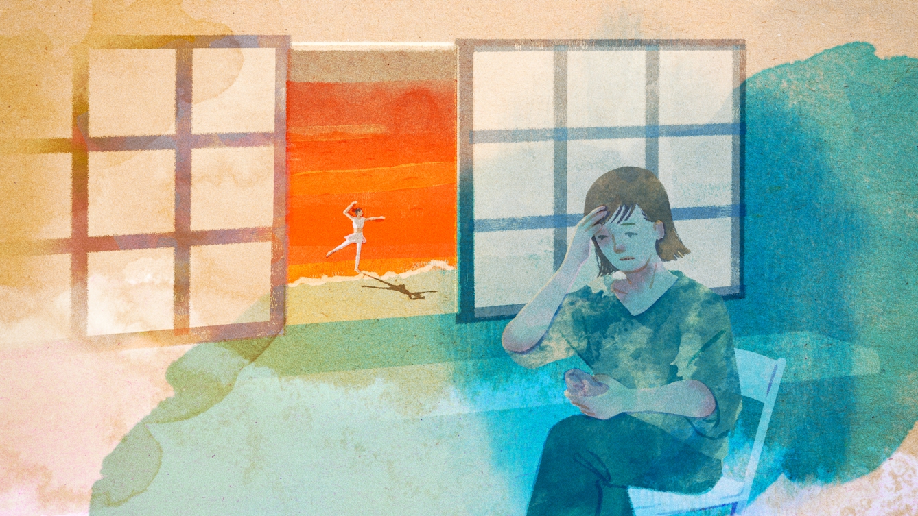 Colourful digital artwork showing a person seated indoors in a wash of blue tones, head resting on hand, looking alone. They are clutching a ballet shoe. Through the open window we see a golden hued scene from their imagination of a ballet dancer in mid dance.