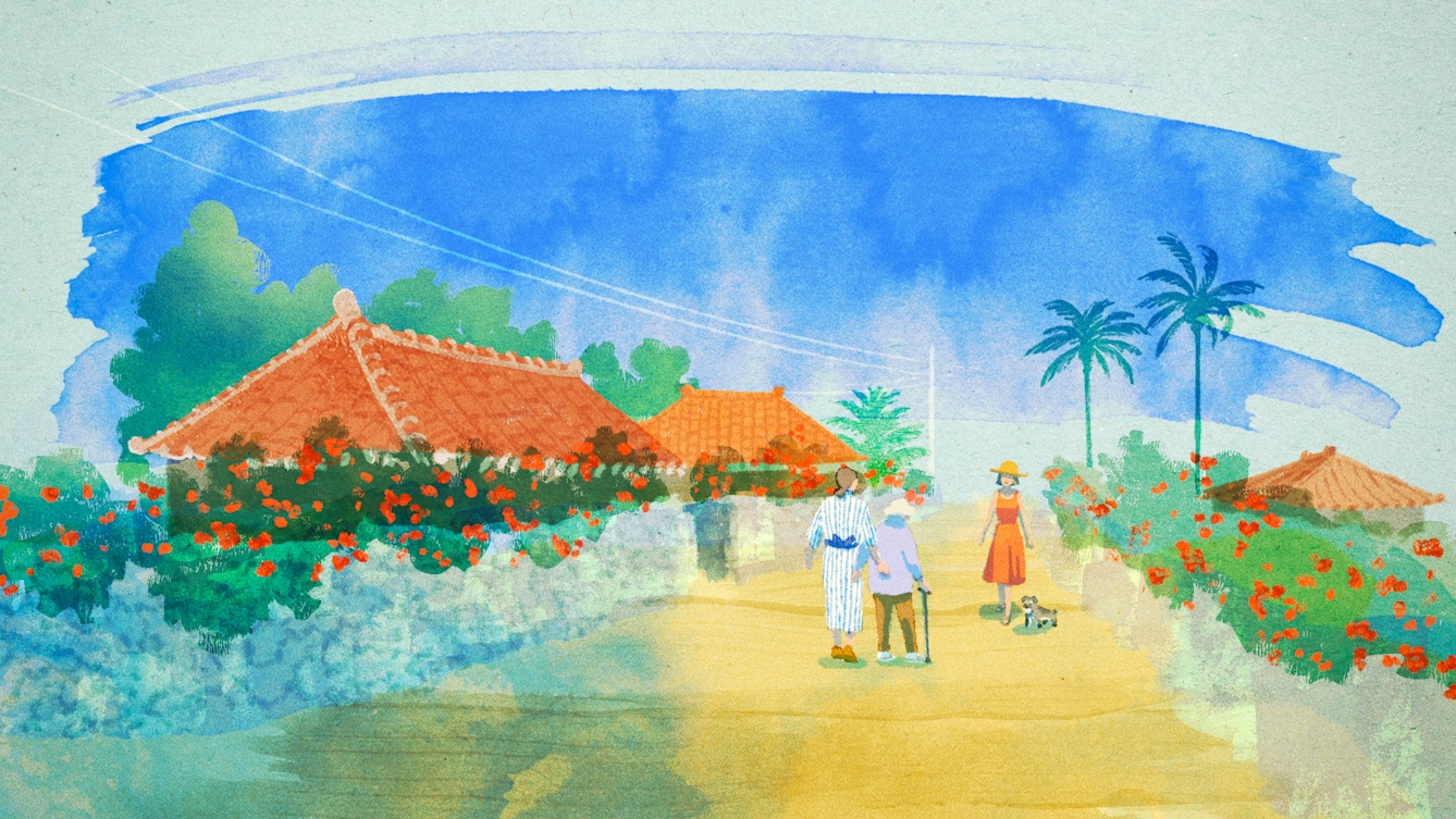 Colourful digital artwork showing a street scene on Okinawa. On a path through the houses, a person in a hat is walking their dog. Walking towards them are two other residents, one using a walking stick, the other assisting them. They seem to acknowledge each other as they pass. There is a feeling of harmony and of a connected community.
