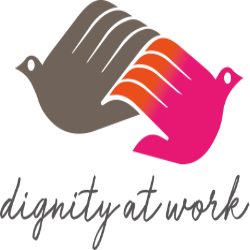 The Voice of Domestic Workers logo with copy reading 'dignity at work' and an illustration of two birds with their wings intertwined.