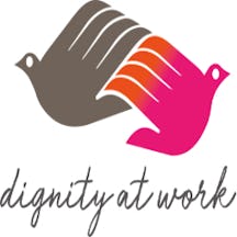 The Voice of Domestic Workers logo with copy reading 'dignity at work' and an illustration of two birds with their wings intertwined.