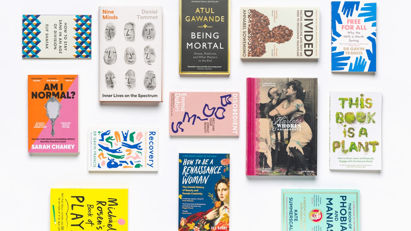 A selection of books published by Wellcome Collection, including 'Am I Normal?', 'Free For all', 'Divided' and 'The Book of Phobias and Manias'.