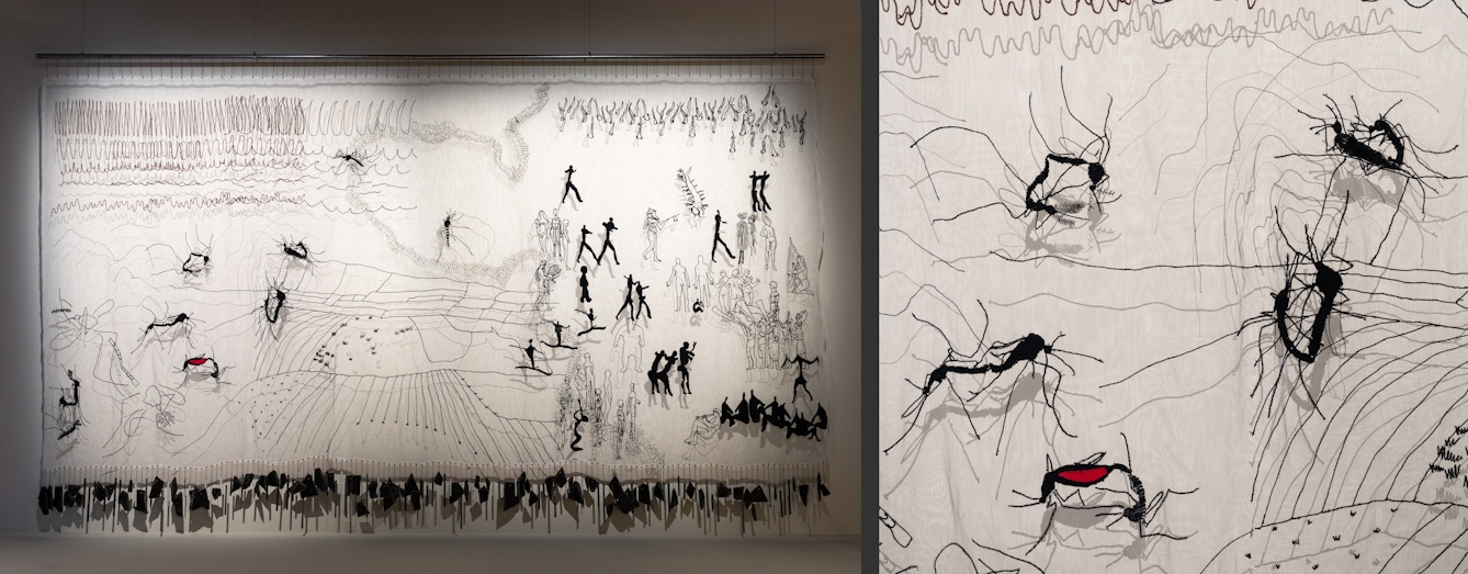 A photograph of a large scale work depicting workers and mosquitoes embroiderd onto a mosquito net. This is accompanied by a close-up detailed view of one section of the work showing a group of mosquitoes.