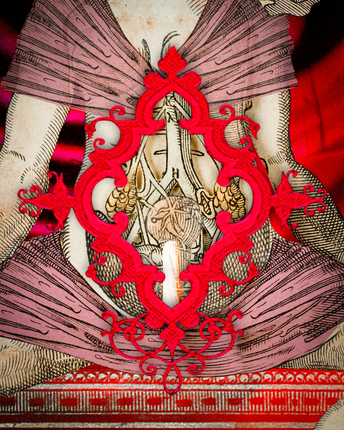 Detail from the larger artwork showing a close up view of the figure's torso and the intricate red pattered motif within which we glimpse her inner organs and the stuck tampon. 