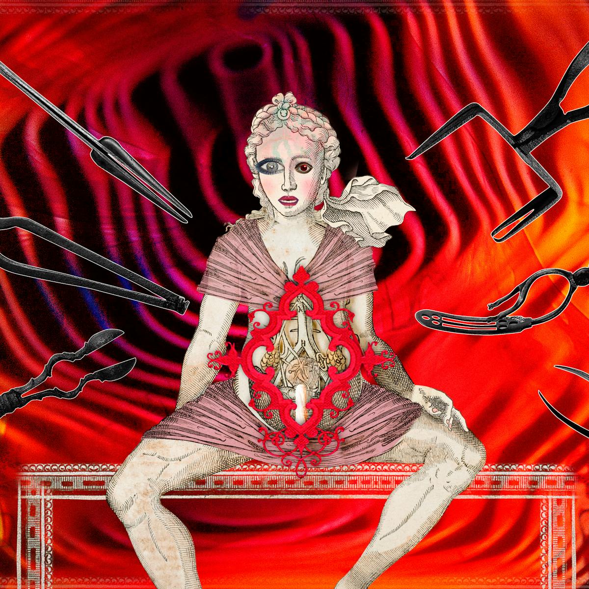 Colour, digital, collaged artwork made up of elements of historical etchings, line drawings and black and white photographs. It shows a female figure in a. Pink shroud sat on a table, legs apart. Her torso is covered in an intricate red pattered motif within which we glimpse her inner organs. Stuck at the base of this motif window is a tampon. The figure has a look of shock and anxiety on her face as from all sides gynaecological impliments seem to race towards her.