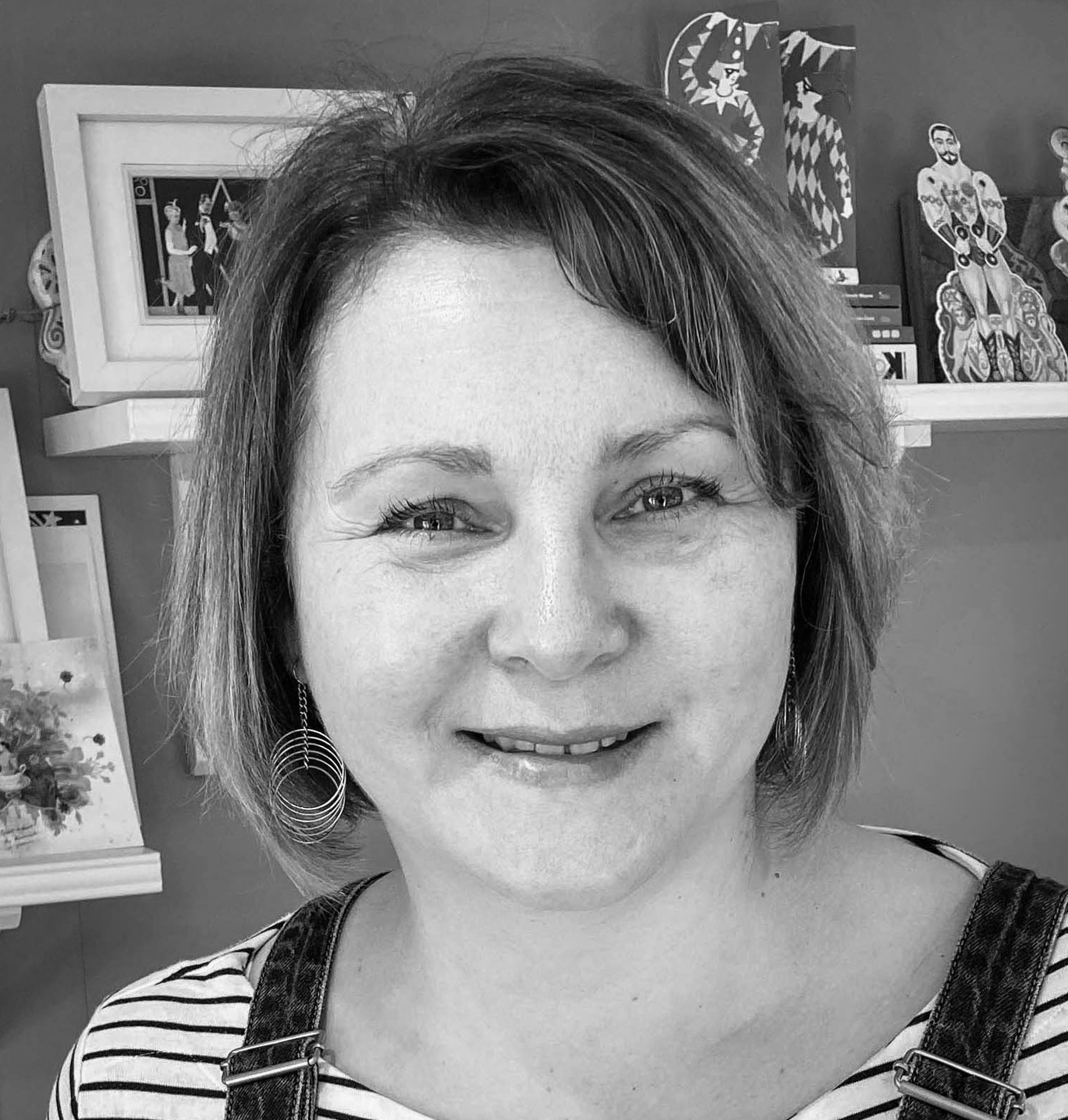 Photographic, black and white, head and shoulders portrait of Tracy Satchwill.