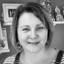 Photographic, black and white, head and shoulders portrait of Tracy Satchwill.