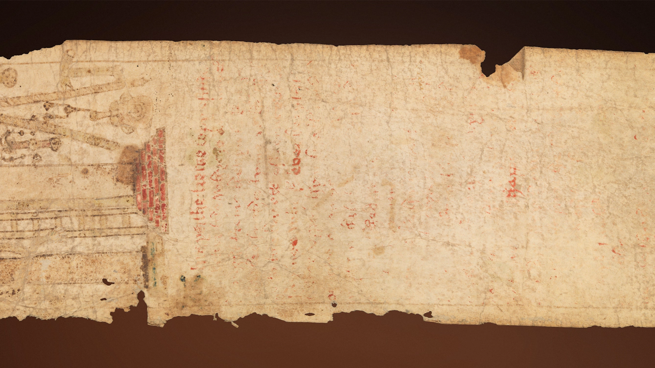 Section of medieval parchment strip, with very faded text, stains and damage along the edges.