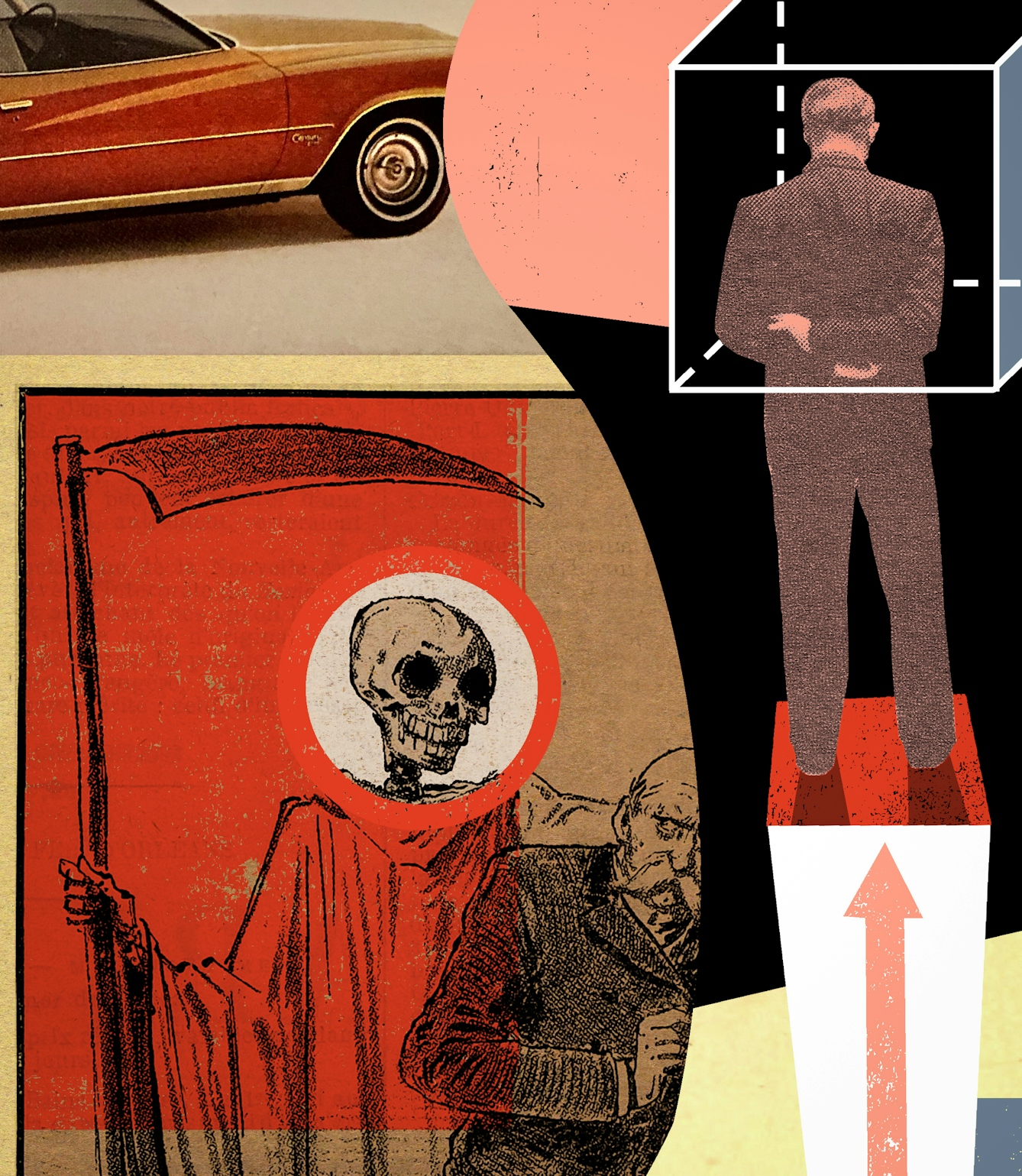 Detail from a larger digital montage artwork made up of archive illustrations, photographs and graphical shapes. The overall hues of the artwork are reds, yellows and blacks. There are a number of references across the artwork including a man trapped in a small box, a car and an image of the grim reaper standing behind a man.