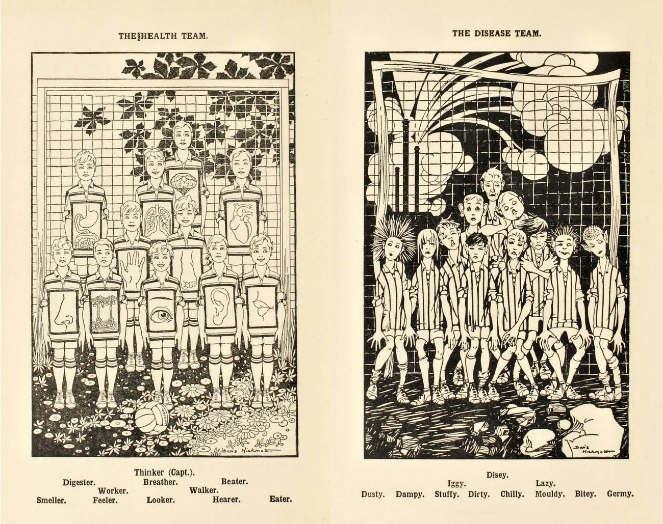 Printed black and white drawings of two football teams comprised of children. On the left are "The Health Team" featuring Thinker (Capt.), Digester, Breather, Beater, Worker, Walker, Smeller, Feeler, Looker, Hearer and Eater. On the right are "The Disease Team" featuring Disey, Iggy, Lazy, Dusty, Dampy, Stuffy, Dirty, Chilly, Mouldy, Bitey and Germy.