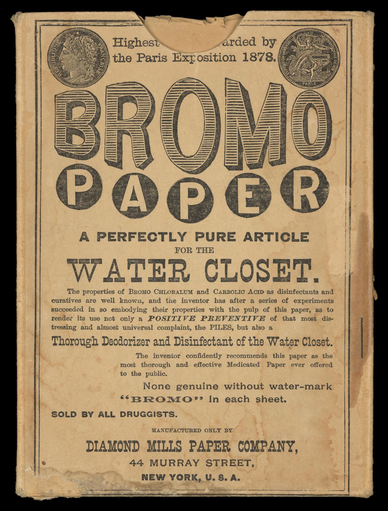Photograph of a toilet paper sales box bearing the title, "Bromo Paper, a perfectly pure article for the water closet".