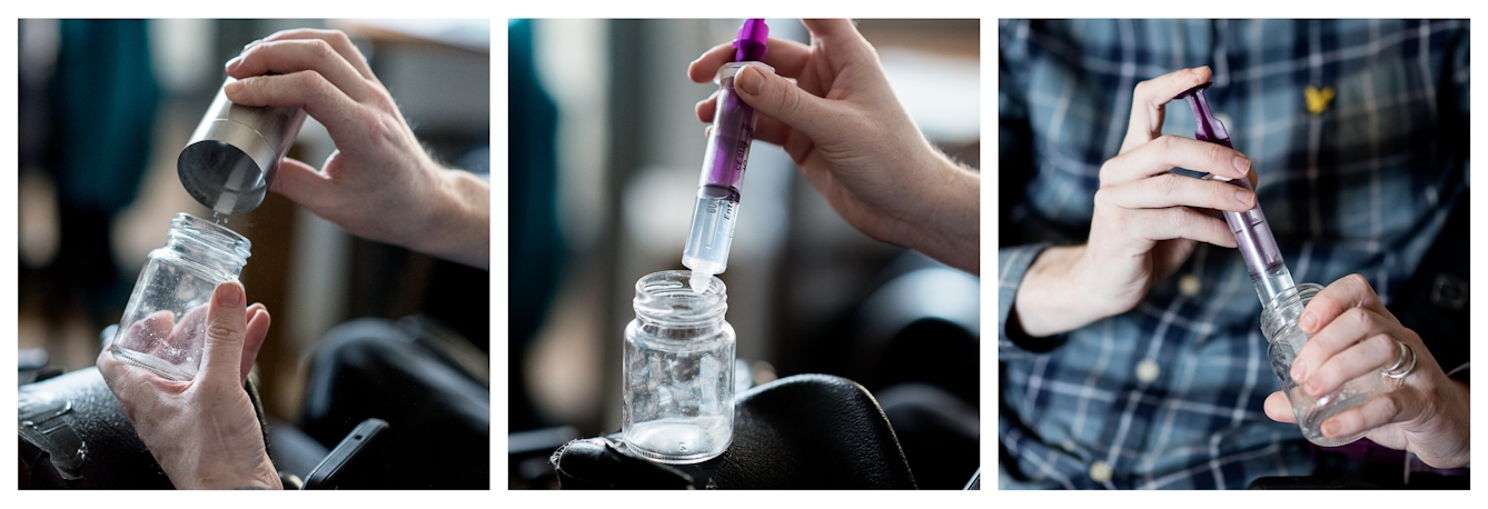 Photographic triptych. Each close up image shows the process of mixing up a Dioralyte solution, from adding the power, adding the water to loading a syringe.