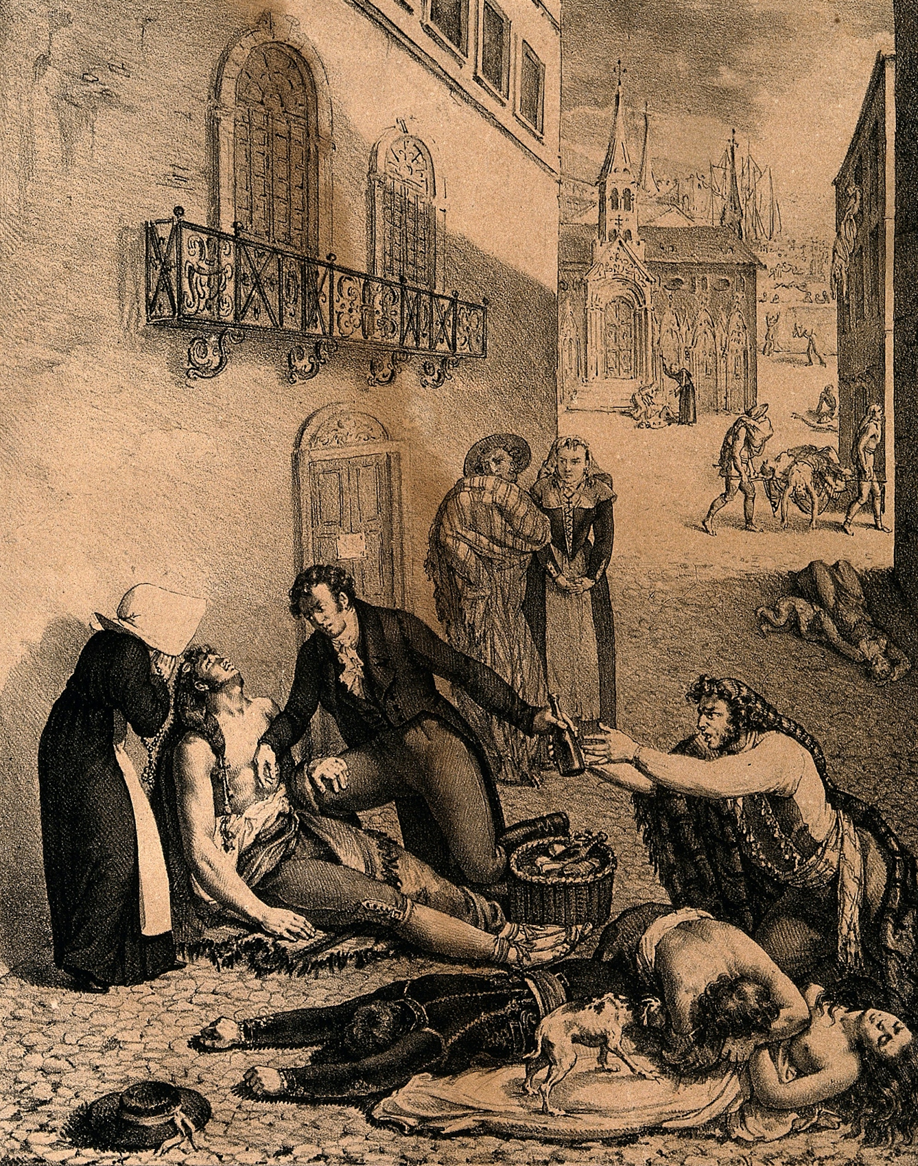 V0010539 André Mazet tending people suffering from yellow fever in the streets of Barcelona