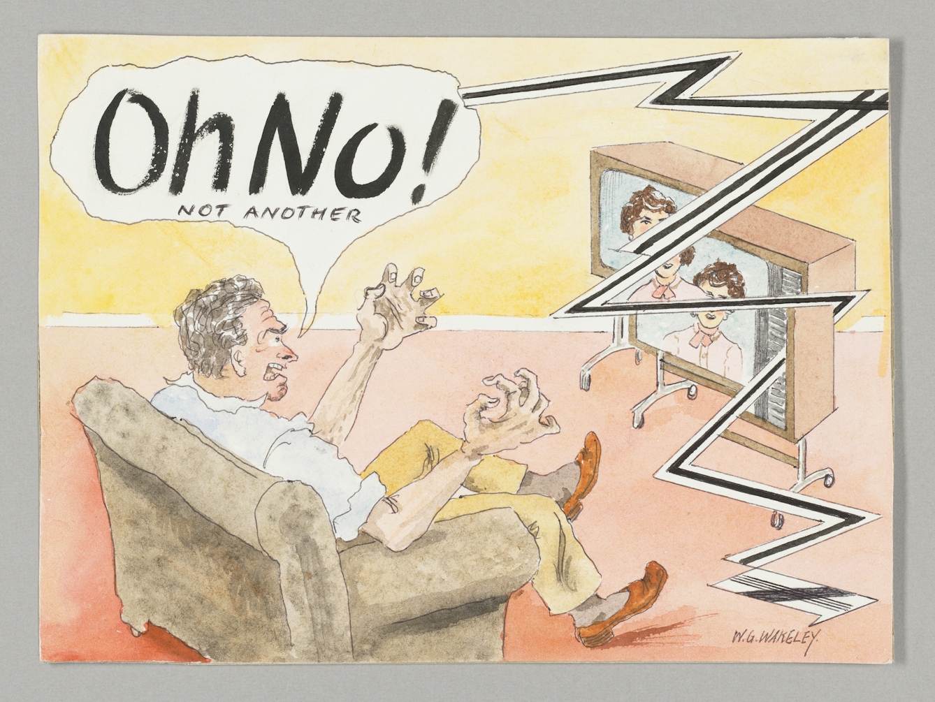 Painting of a man sat in an armchair looking at a television. He looks angry, his hands clawed, his legs animated as he shouts "Oh NO! Not another". The television had been cut into four pieces by a spikey zigzag line taking up the right third of the image.