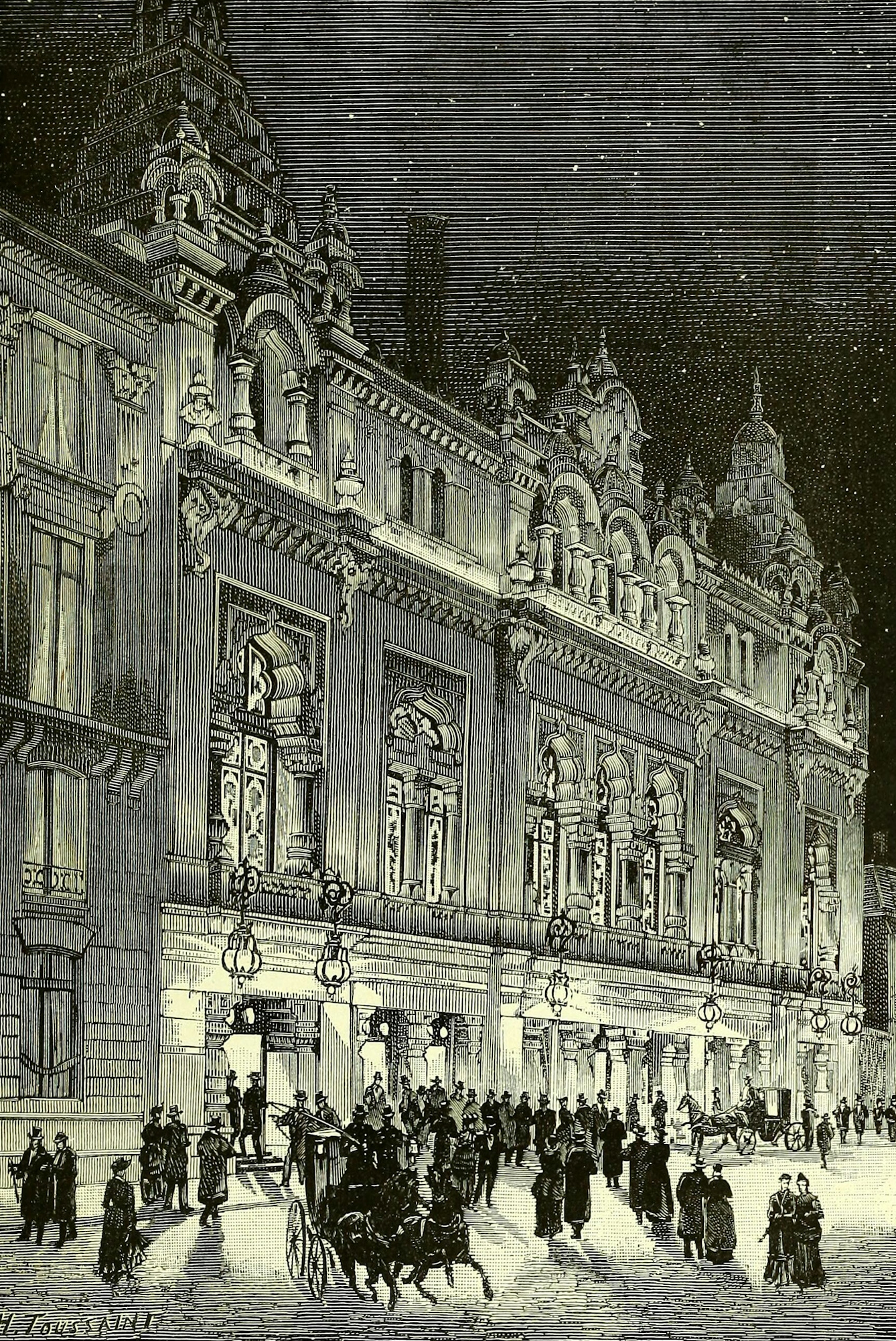 The electric illuminations of the Éden-Théâtre in Paris were focused on its spectacular façade, which was inspired by Indian architecture.