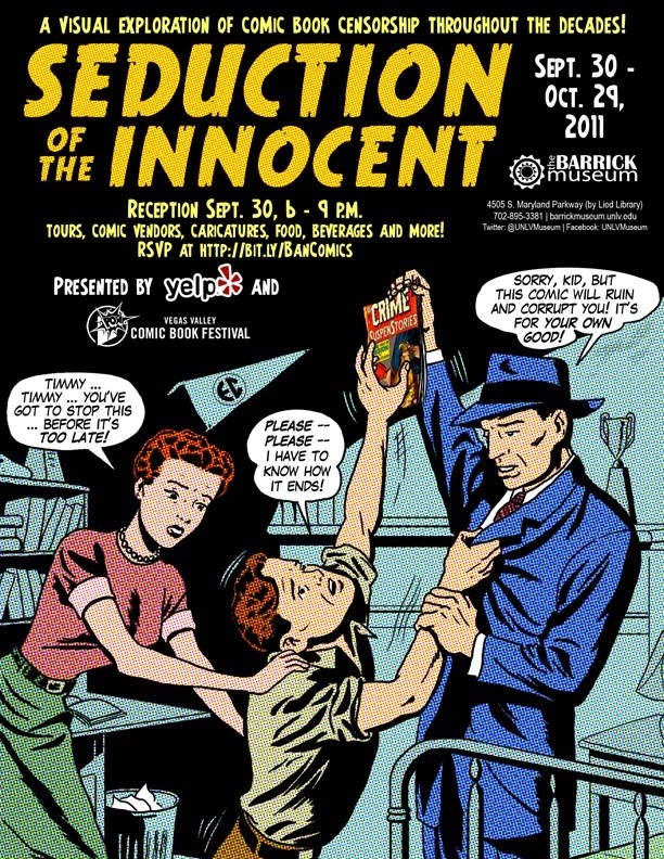 Image of poster in the style of a comic book featuring yellow title ('Seduction of the Innocent') on a black background. In the foreground is a man taking a comic away from a young boy