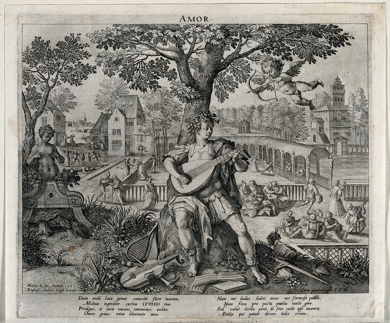 Black and white engraving showing a young man sitting under a tree playing music surrounded by musical instruments, sports equipments and an open purse, while Cupid is aiming at him; representing the power of Love.