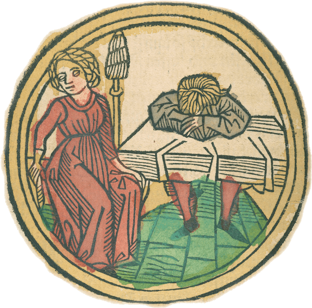 Medieval woodcut depicting a man with his head in his arms leaning on a table, and a woman beside him wearing a red dress and looking away. 
