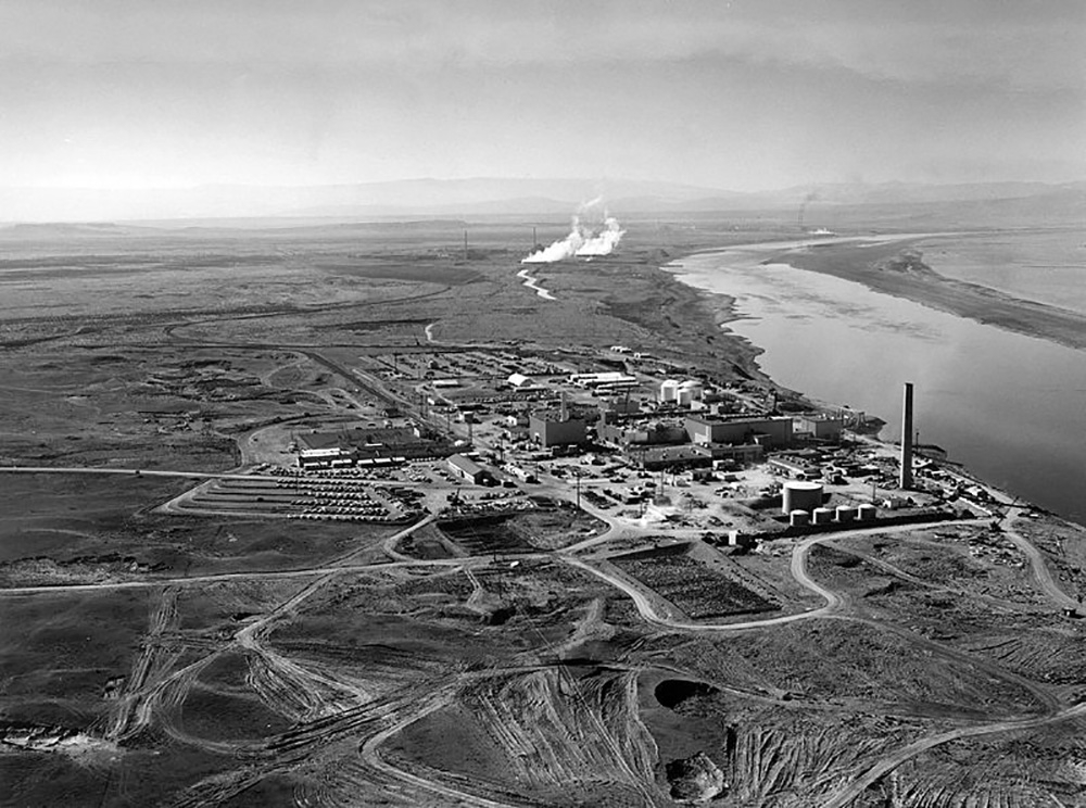 A black and white areal image of the Handford Nuclear Reactor.