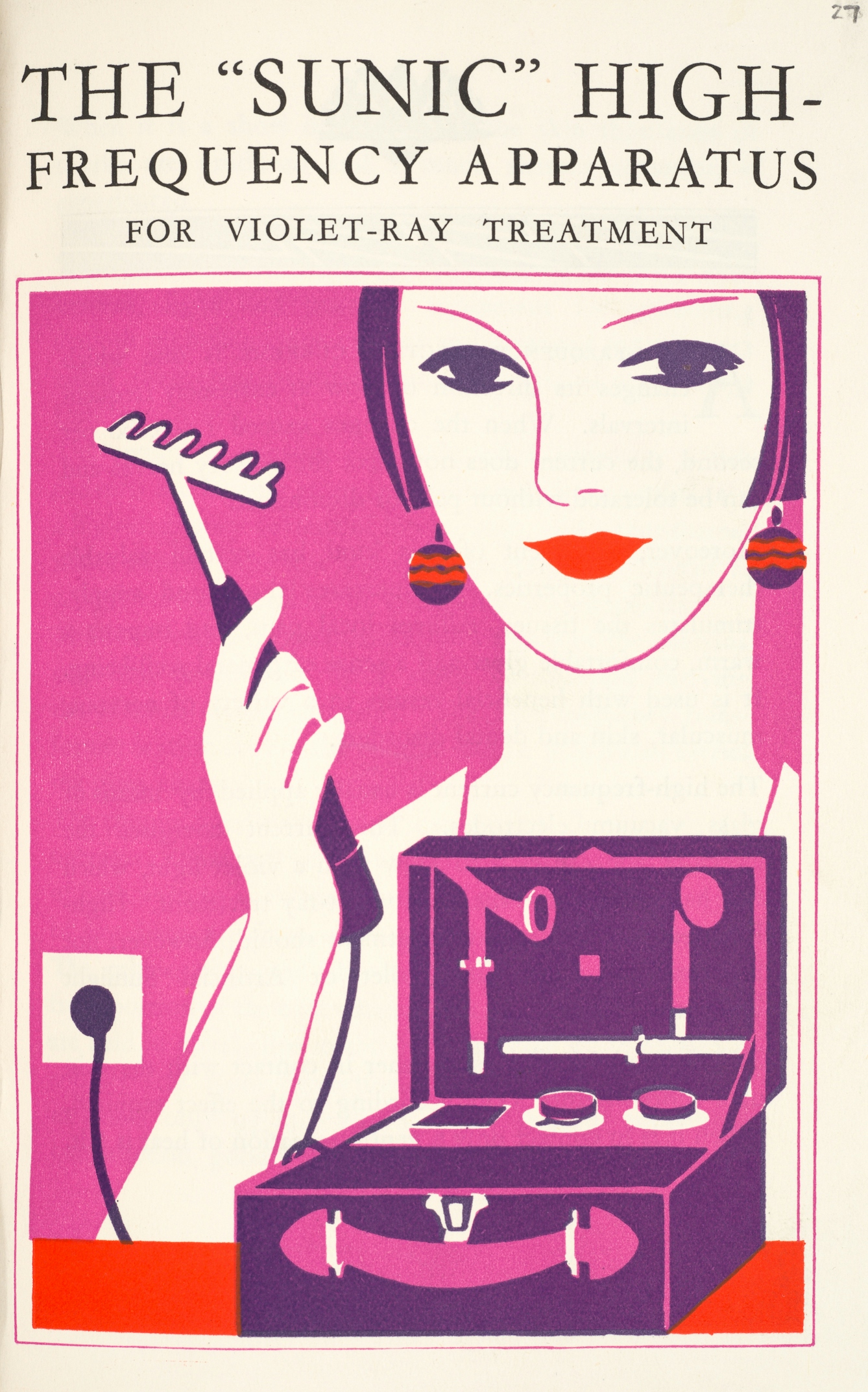 Photograph of the front cover of an illustrated booklet titled, 'The "Sunic" High-Frequency Apparatus for Violet-Ray Treatment'. The illustration in red, purple and violet shows the head and shoulders of a woman holding a wired handheld device with an open box of attachments in front of her.