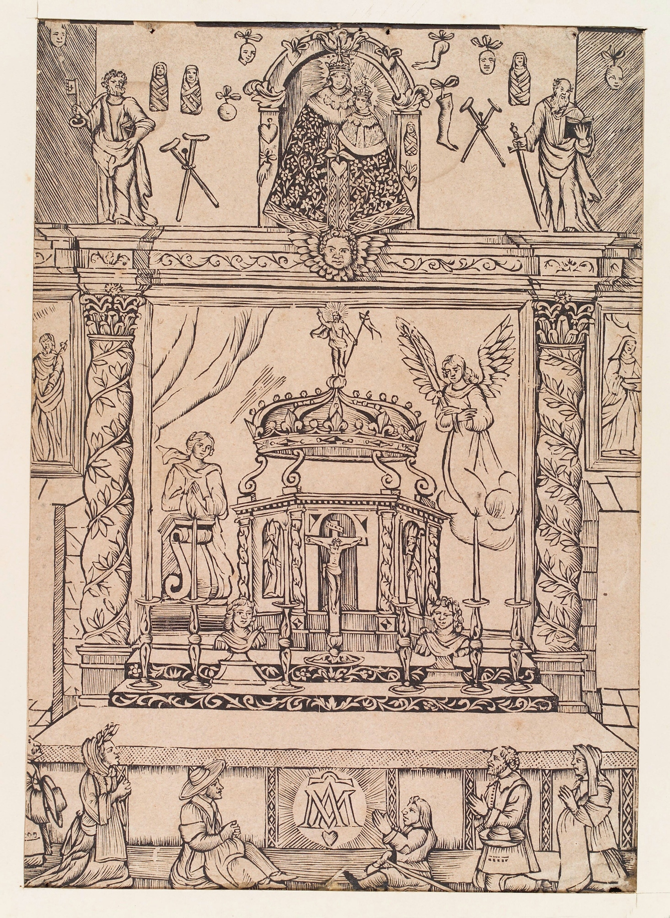Woodcut of an altar. Above the altar there is a statue of The Virgin within an arch with the Christ Child, both crowned. Around the arch and on the wall to the sides are hearts, swaddled babies, crutches, legs, arms, etc. Left and right, there are figures of St Peter and Saint Paul. Below, there is an altar decorated with Salomonic columns, decorated with a crown and figures of Jesus Christ crucified. There are several people kneeling at the front of the altar praying. A few of them appear to be injured or ill. 