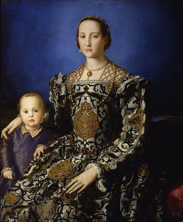 Painting of seated 16th century European noblewoman in fine dress and jewellery with and a child aged approximately 3 years old.
